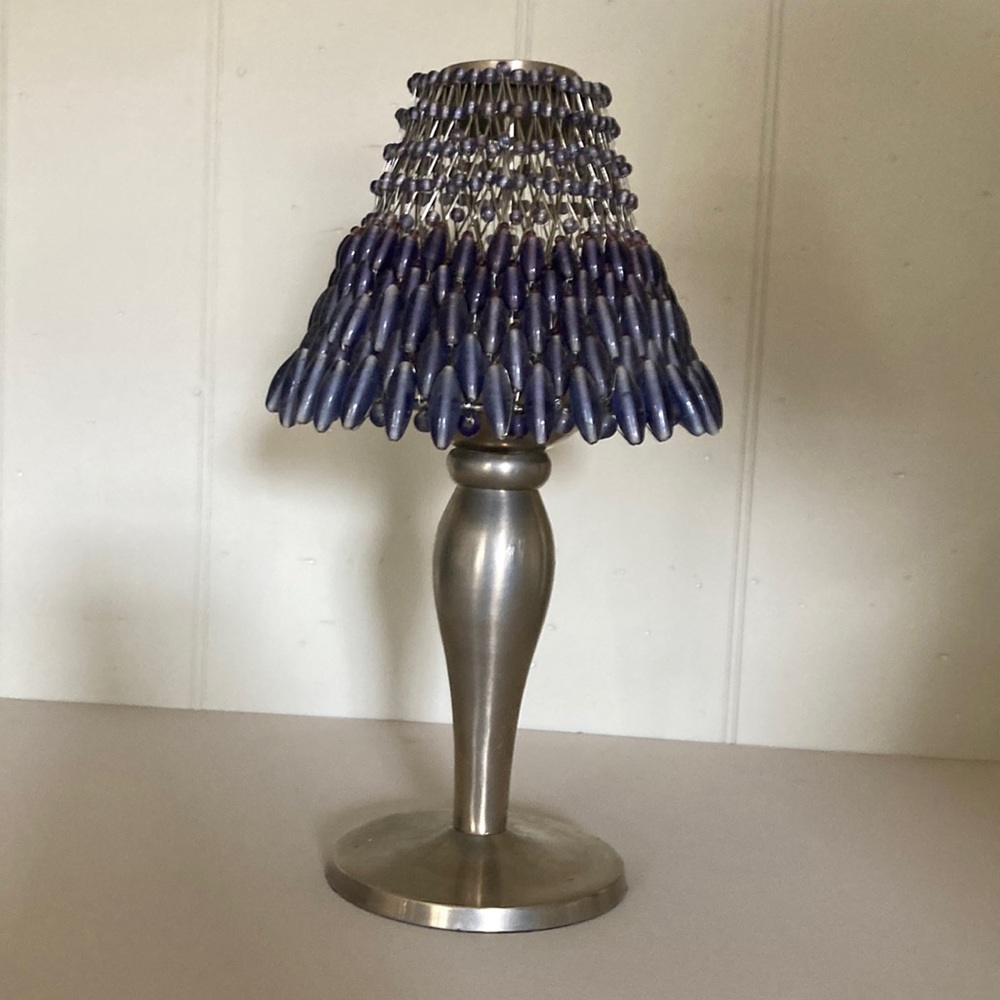 Pottery Barn Brushed Nickel Tealight Candle Holder with Lavendar Beaded Shade